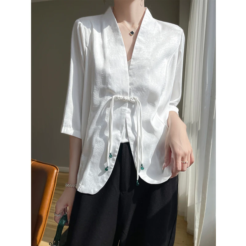 桑蚕丝衬衫女宽松春夏季复古上衣薄款中式外套中国风禅意古风衬衣