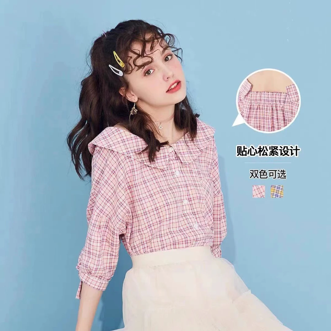 夏季女士新款时尚休闲格子显瘦纯棉衬衫