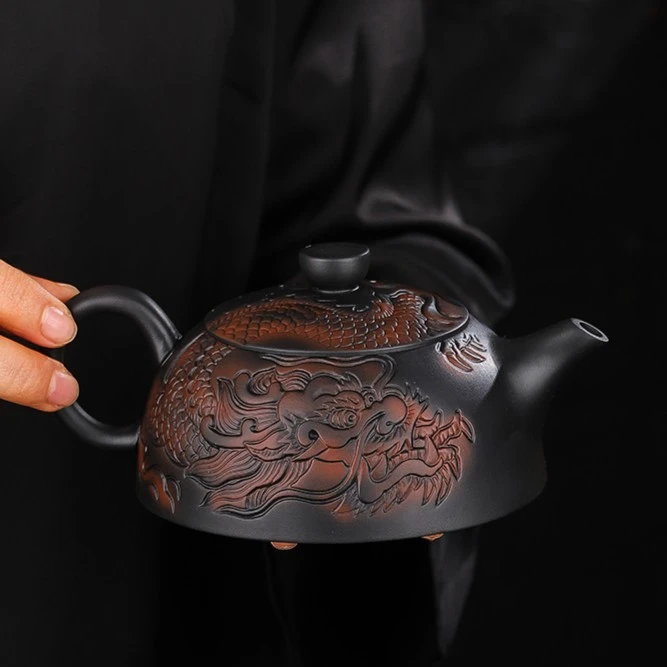 建水可提可旋转可凤鸣满雕龙纹紫陶半月壶创意茶壶全手工高端茶器