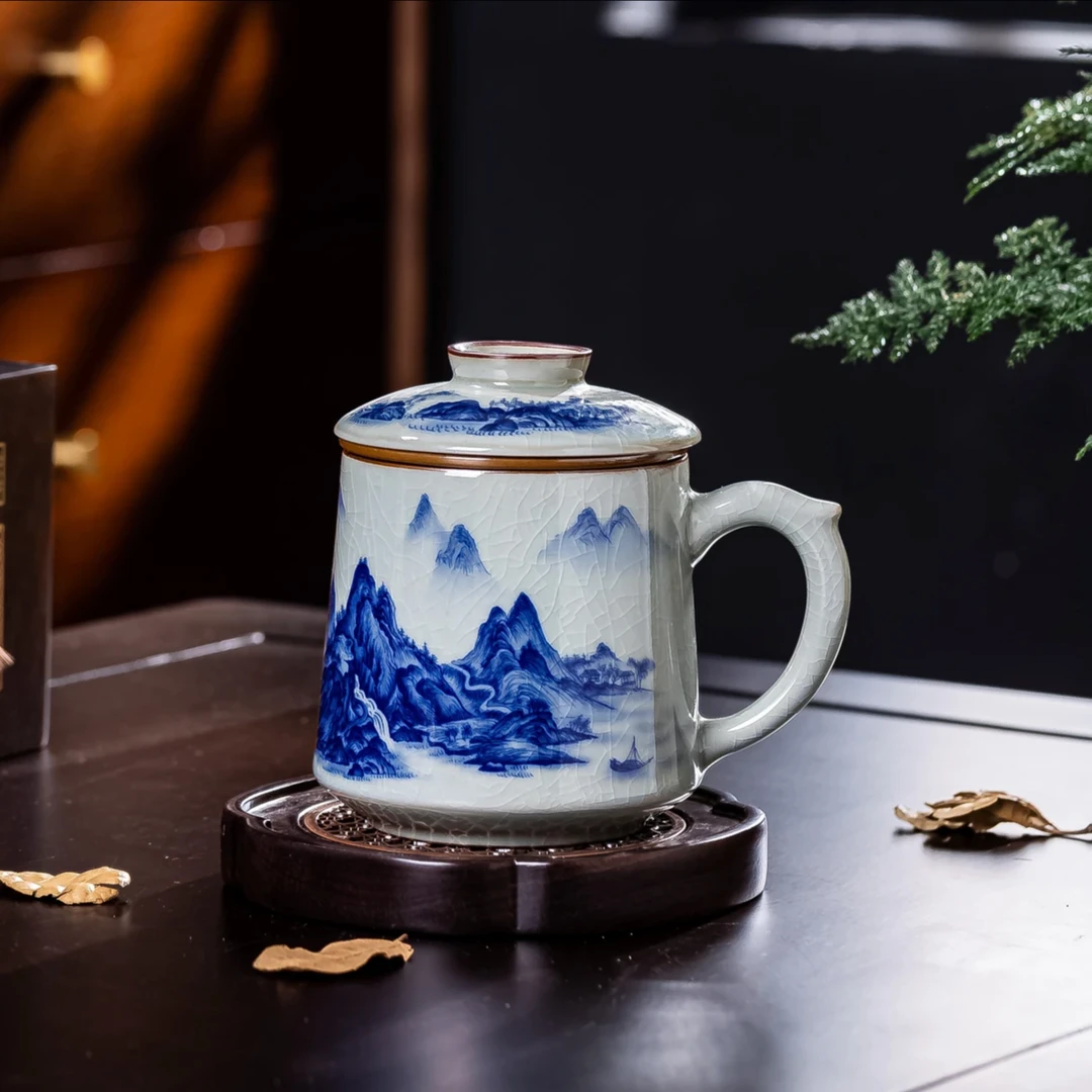 景德镇青花陶瓷手工老陶泥千里江山高档办公杯办公室大容量泡茶杯