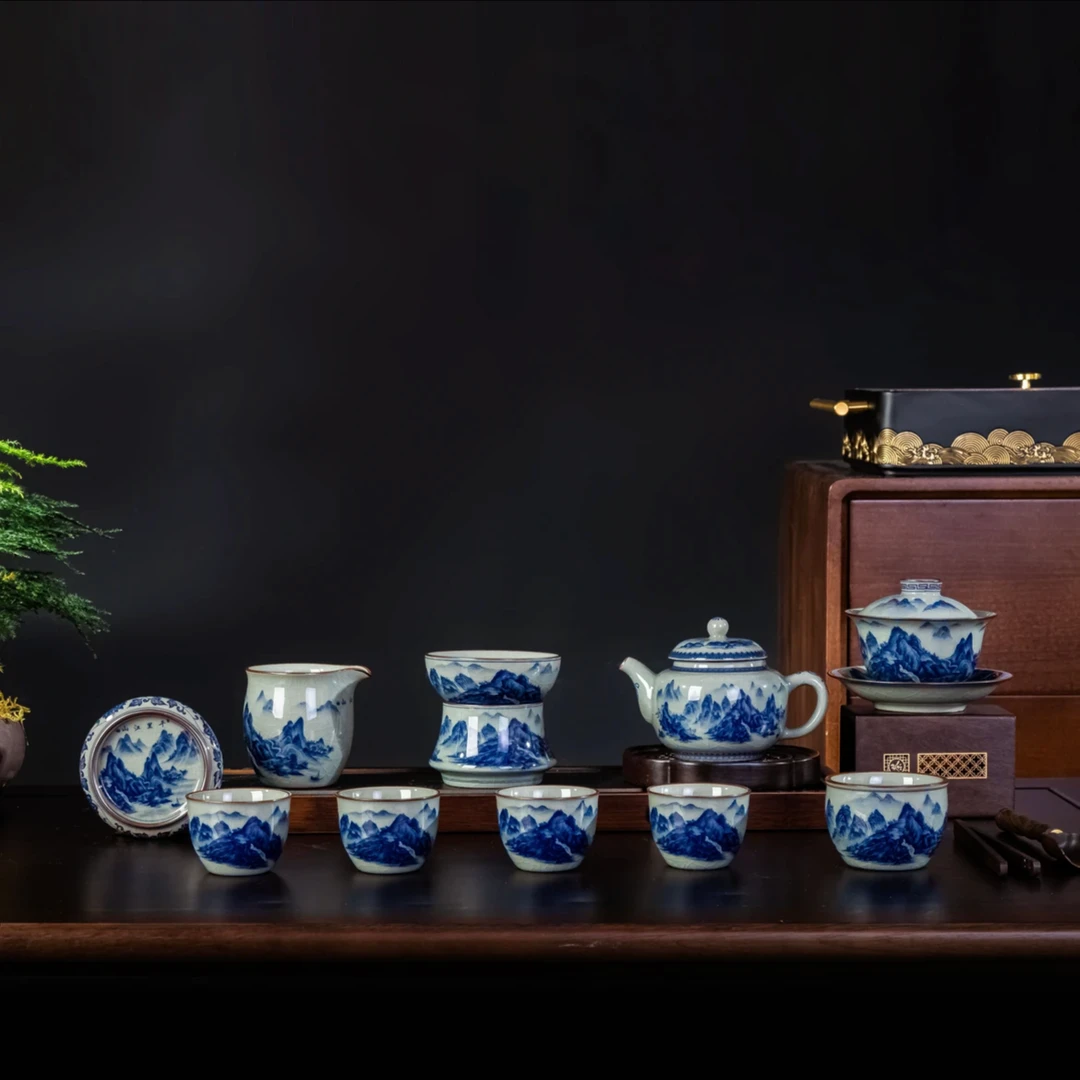景德镇陶瓷茶具手工老泥千里江山盖碗茶壶10件套