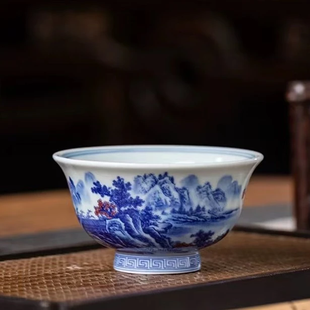 景德镇青花釉里红山水压手杯清流胜境家用主人杯陶瓷茶碗
