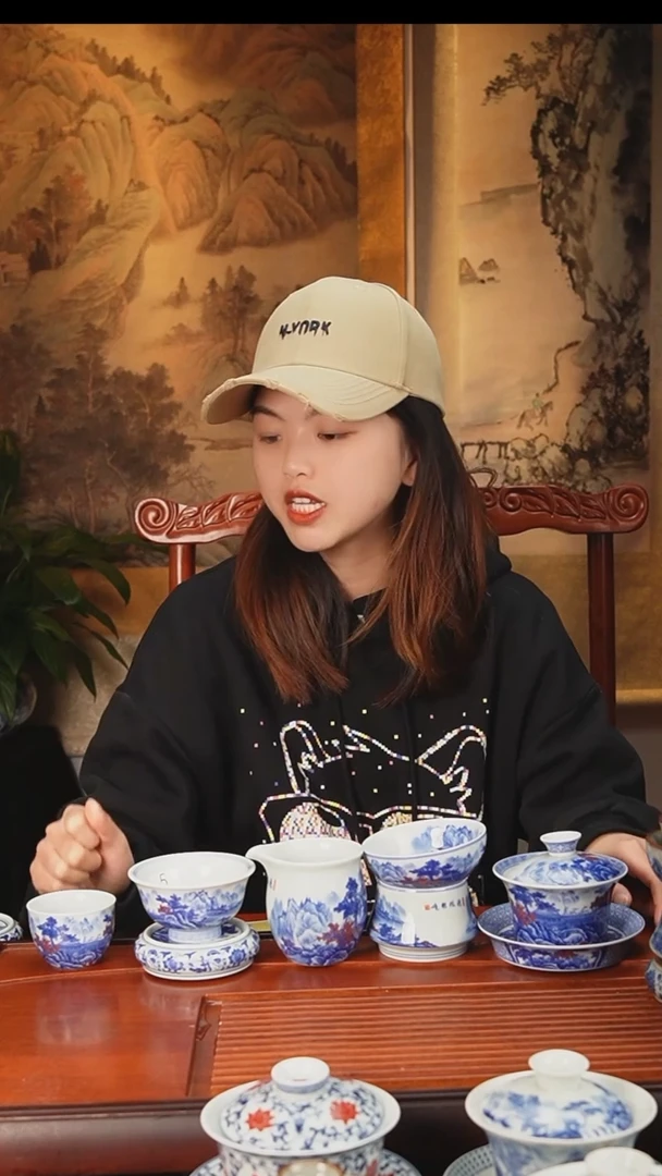 【闪购商品】陶瓷杯釉里红山水盖碗茶漏公道盖置主杯6客11件