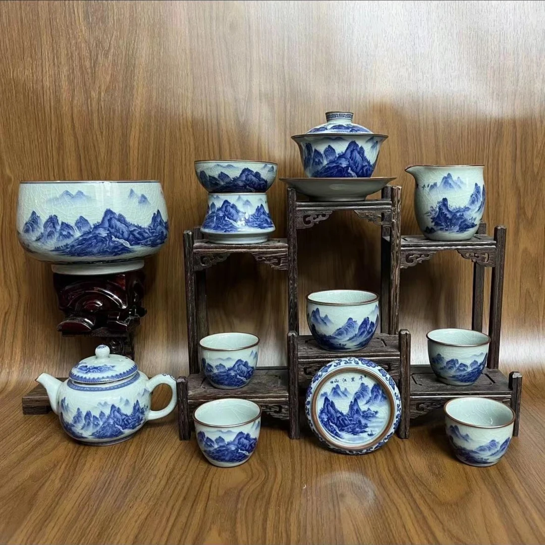景德镇青花陶瓷手工茶具老陶泥千里江山茶壶茶洗11件套套装