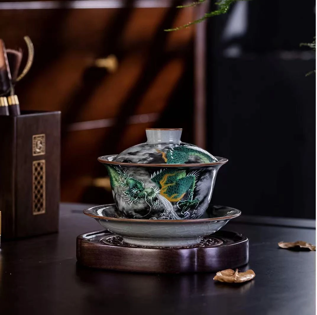 景德镇青花陶瓷茶具手工老陶泥墨龙元宝盖碗家用大容量泡茶碗