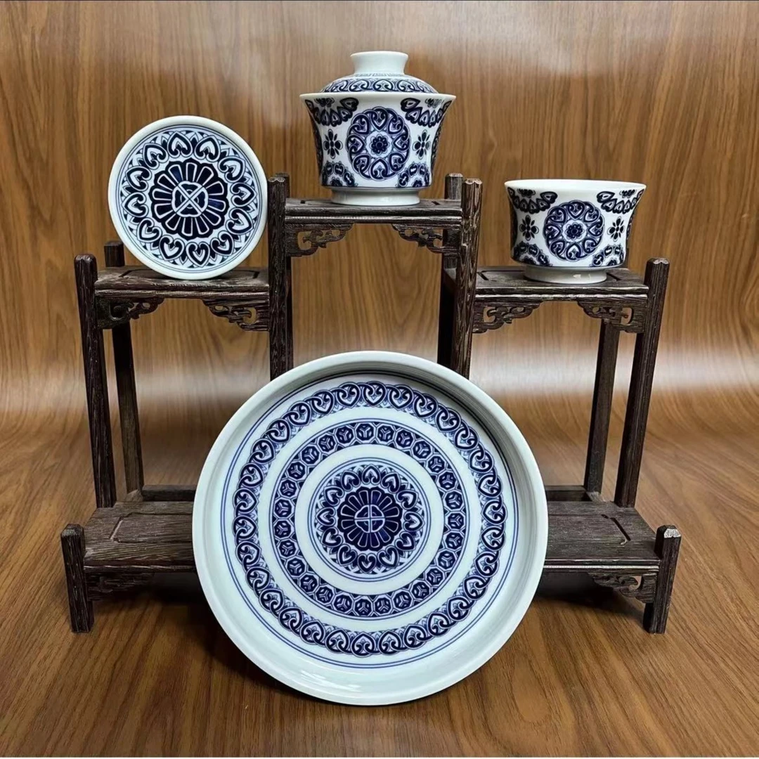景德镇青花陶瓷茶具手工仿元宝相团花4件套装