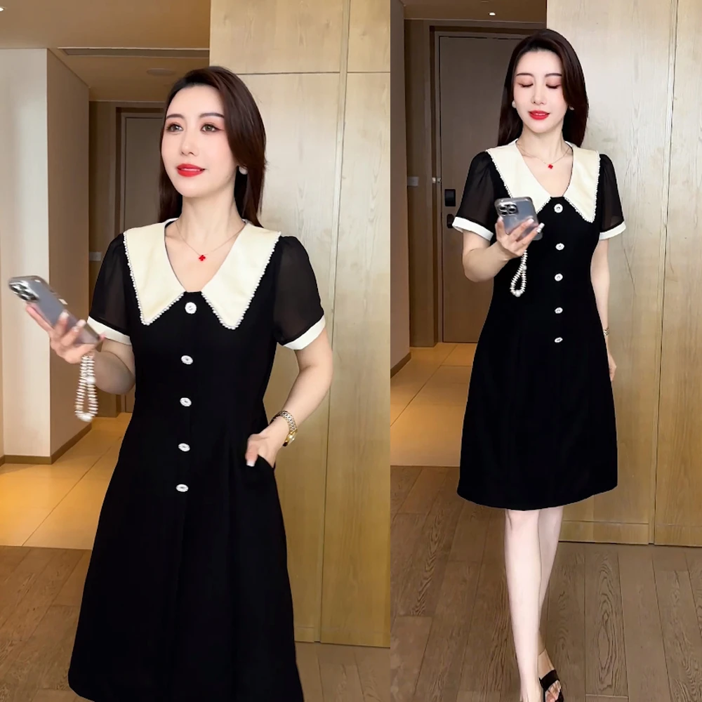 法式赫本风连衣裙女夏季新款时尚气质娃娃领收腰显瘦中长款小黑裙