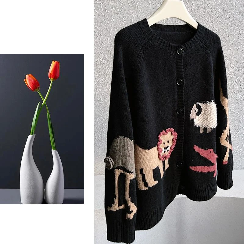 S554 黑色狮子针织开衫毛衣圆领女卡通动物园甜美可爱高级感穿搭