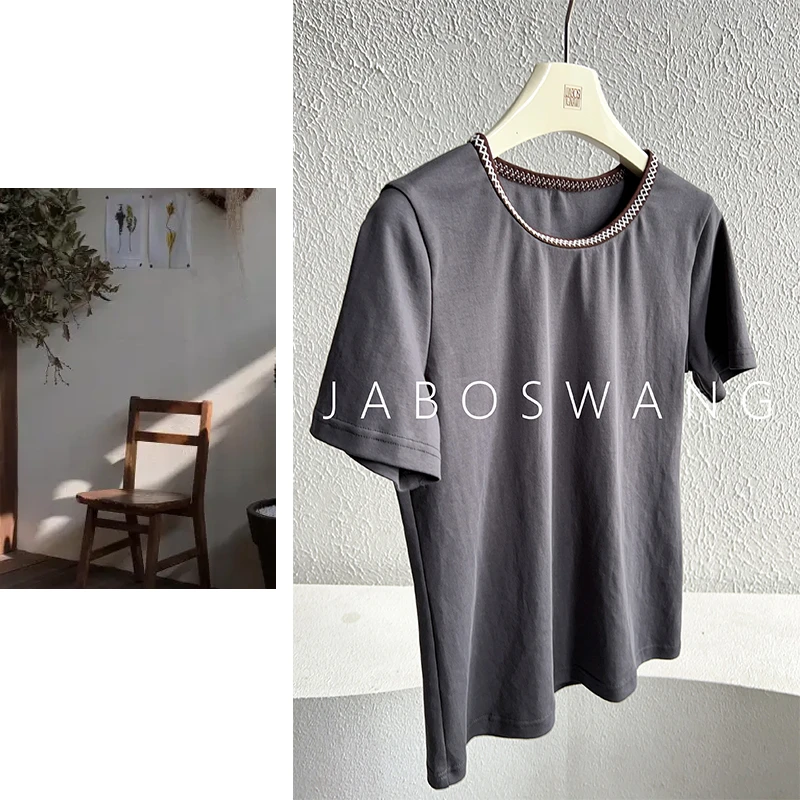 S090设计感短袖T恤口碑大厂出刺绣拼色设计显瘦灰色体恤时髦精入