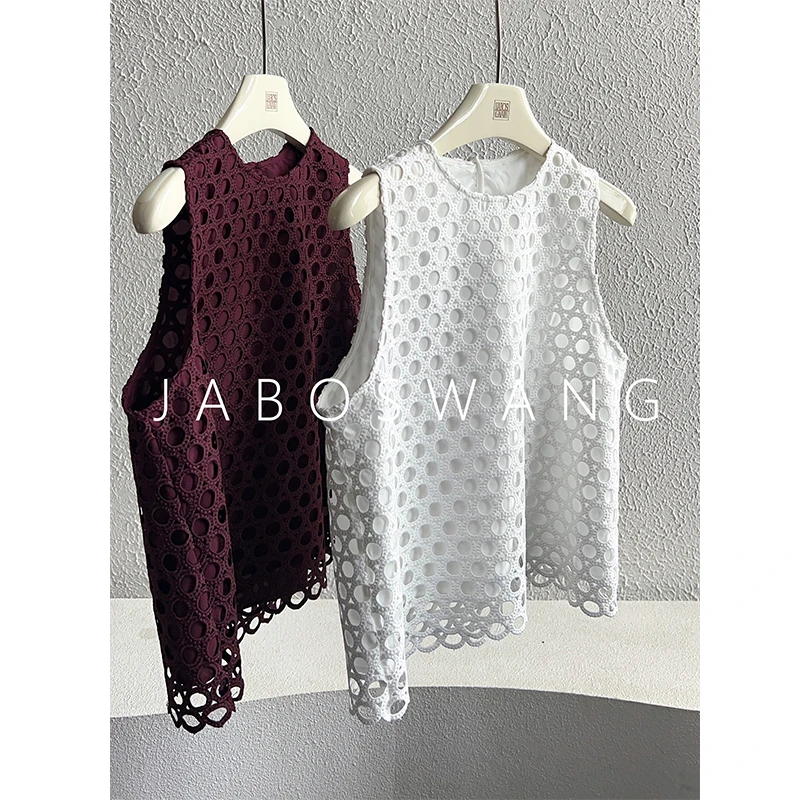 s093欧货2024夏季新款圆领镂空无袖背心女宽松显瘦百搭纯色上衣