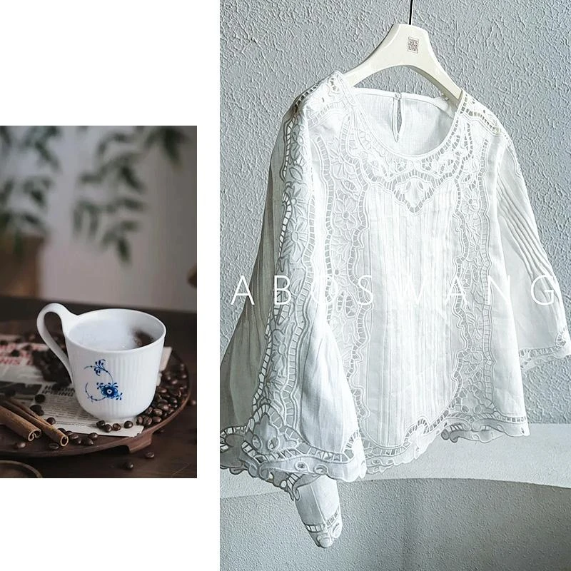 S457镂空亚麻刺绣衬衫洋气蕾丝设计感白色名媛度假新款小众上衣