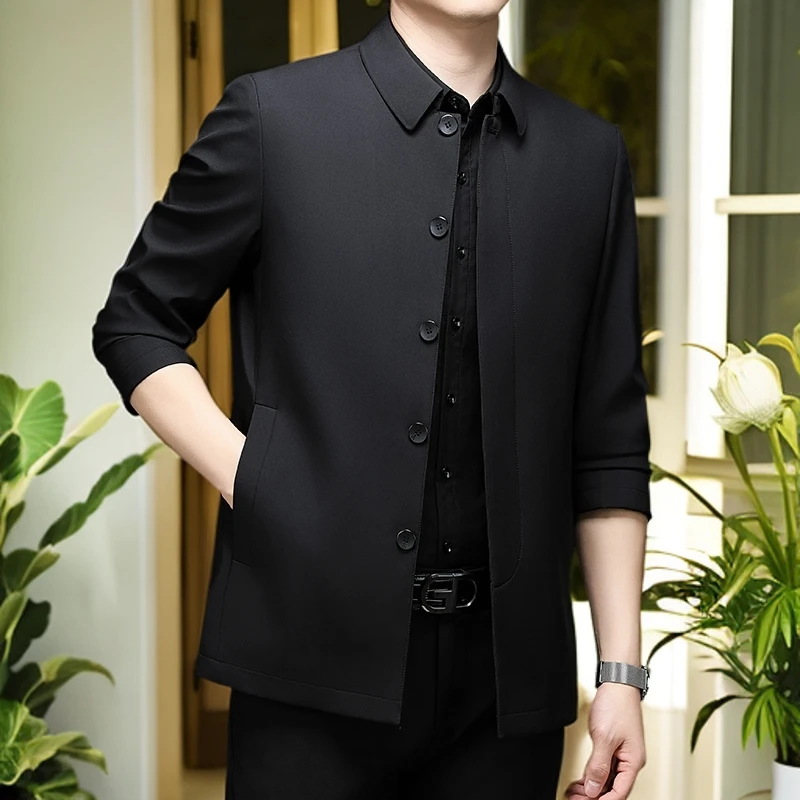 男士新款中年休闲外套春秋商务休闲风衣夹克系扣薄款