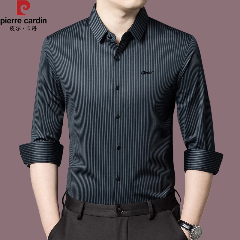 【皮尔卡丹】正品大牌高档桑蚕丝男士长袖衬衫无痕商务休闲条纹衬衣
