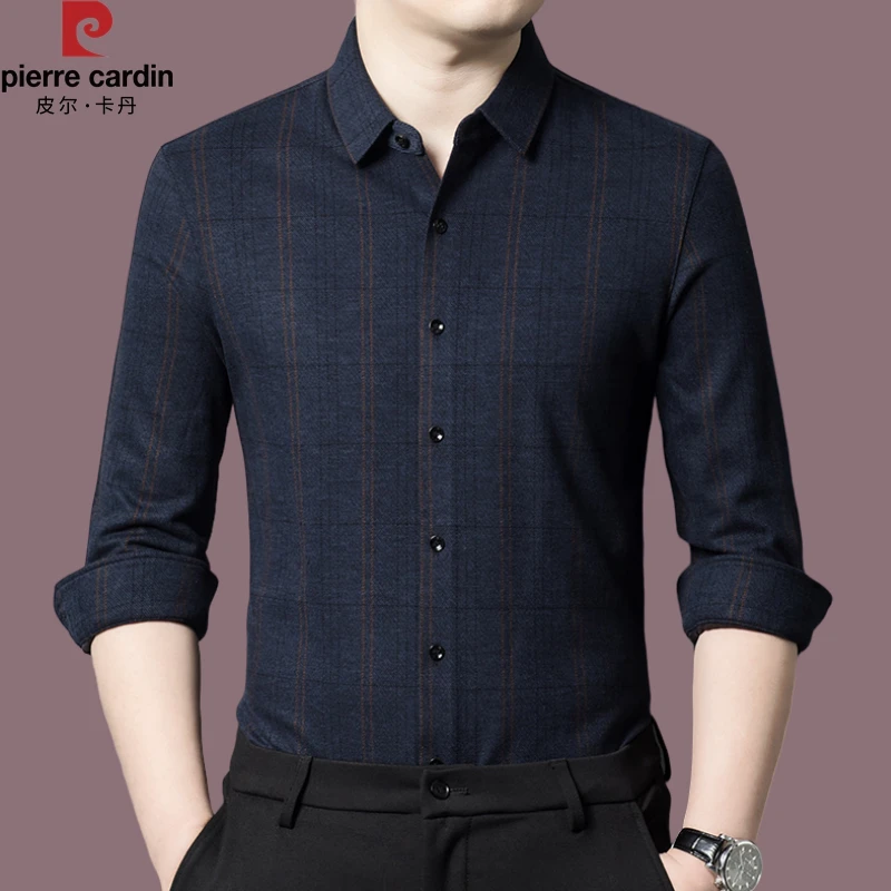 【皮尔卡丹】国际大牌绵羊毛衬衫男士长袖秋冬季中年休闲保暖衬衣厚