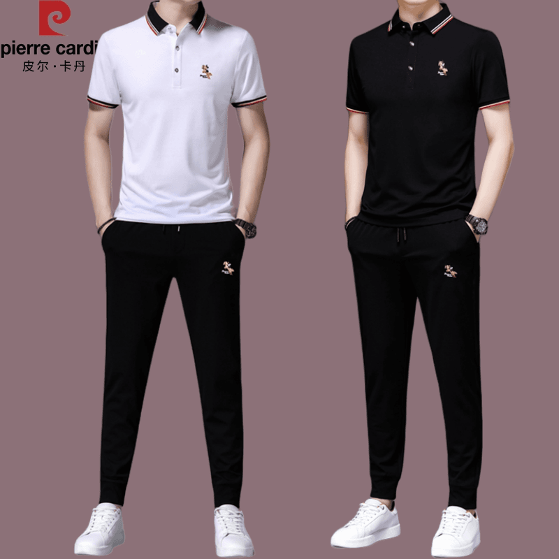 【皮尔卡丹正品大牌】高端桑蚕丝男士休闲运动服套装夏季潮流男装