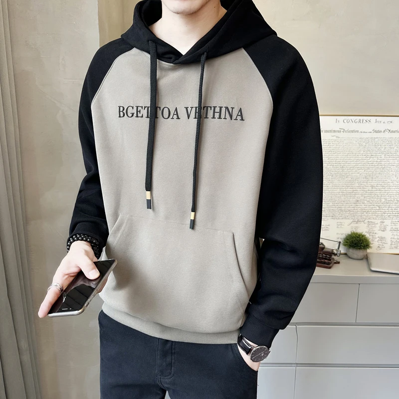 百搭爆款2023秋冬新款潮牌时尚帅气拼色保暖韩版男士连帽卫衣外套