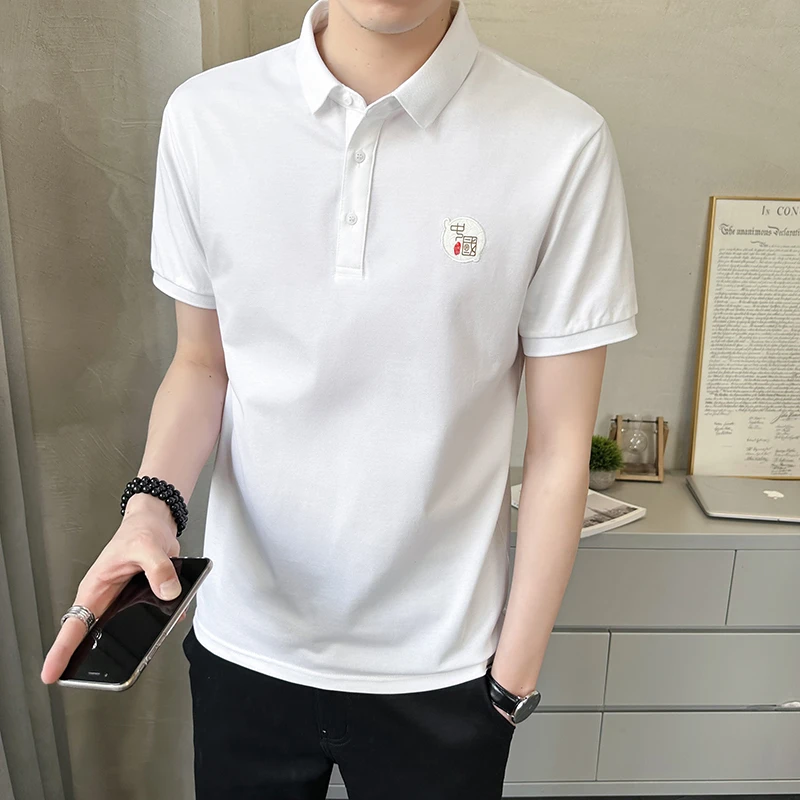 爆款百搭纯色短袖POLO衫2023夏季新款潮牌痞帅修身刺绣男士穿搭