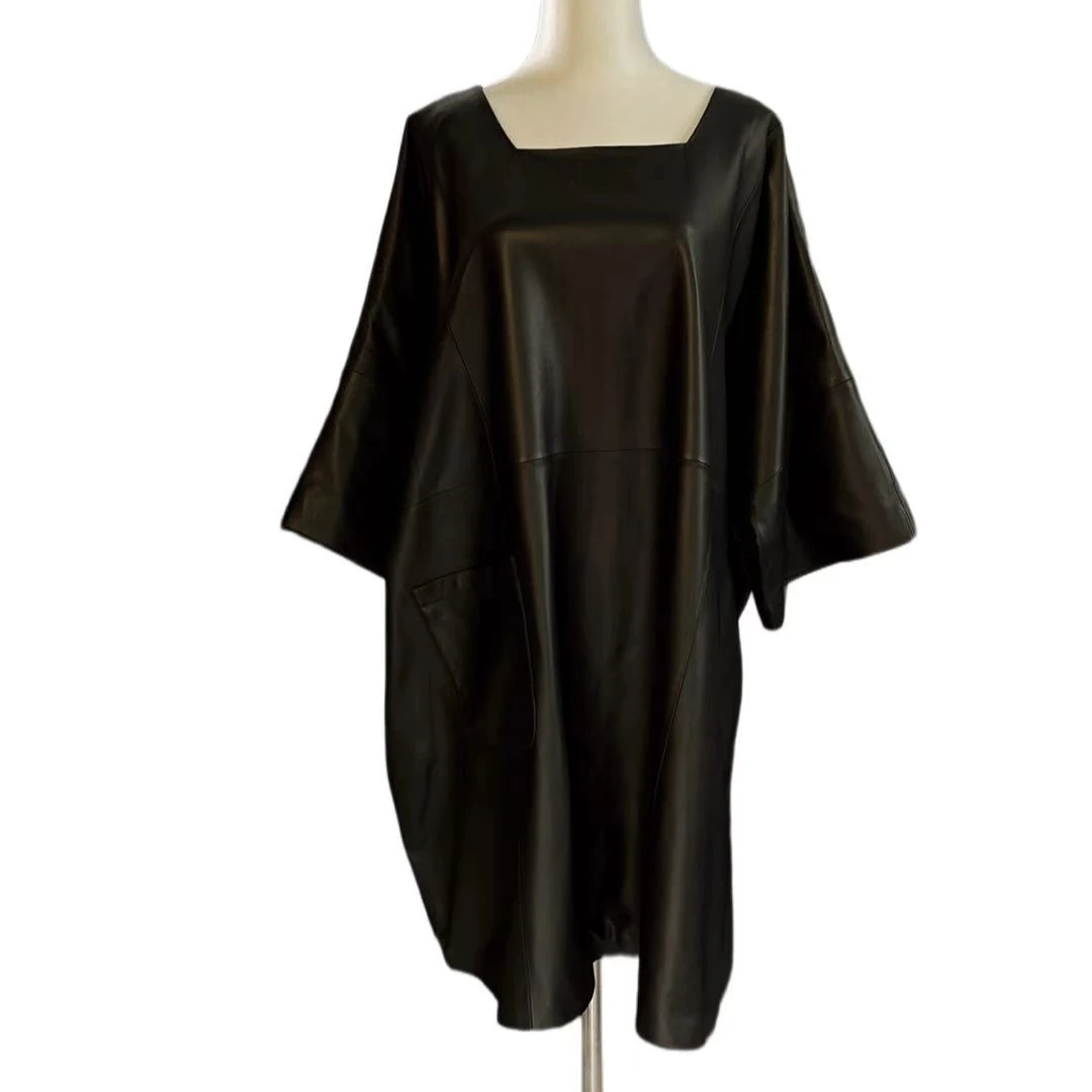 时尚女士显瘦黑色宽松中长款气质百搭不规则设计师皮衣181001