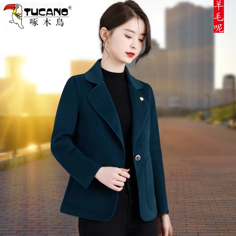 【啄木鸟】双面的呢短时尚女短款西装领2025新款秋冬羊毛呢妈妈外套
