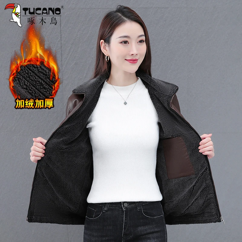 【官方正品】啄木鳥加绒加厚皮衣女皮夹克2025新款秋冬时尚妈妈上衣