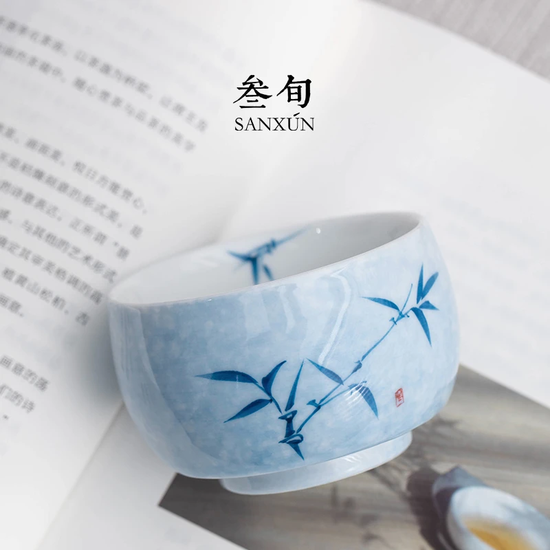 叁旬手绘青花竹影主人杯茶杯陶瓷家用茶具单杯个人专用喝茶品茗杯