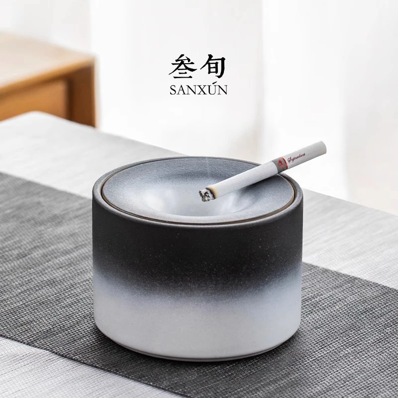 叁旬墨远简逸陶瓷烟灰缸家用客厅带盖防烟味办公室粗陶烟灰缸日式
