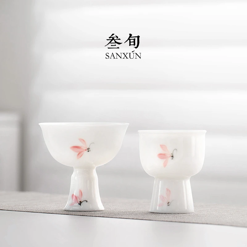 叁旬手绘粉兰高足杯茶杯主人杯陶瓷单杯功夫茶具女喝茶高端品茗杯