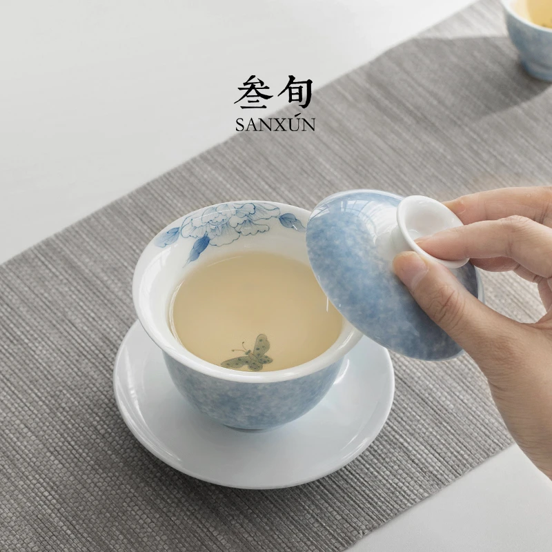 叁旬手绘蝶恋花三才盖碗茶杯泡茶防烫单个高档陶瓷功夫泡茶碗茶具