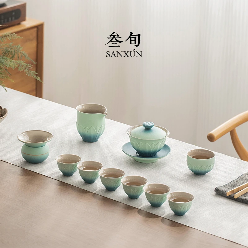 锦绣莲华功夫茶具套装家用盖碗茶杯陶瓷泡茶轻奢礼盒高档茶艺