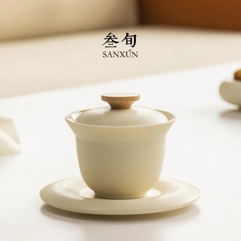 叁旬半刻三才盖碗茶杯陶瓷奶油风家用单个大号防烫泡茶碗功夫茶具