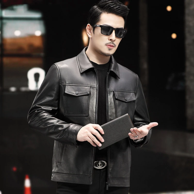 9829男士真皮皮衣短款翻领头层牛皮海宁皮夹克外套春秋休闲商务