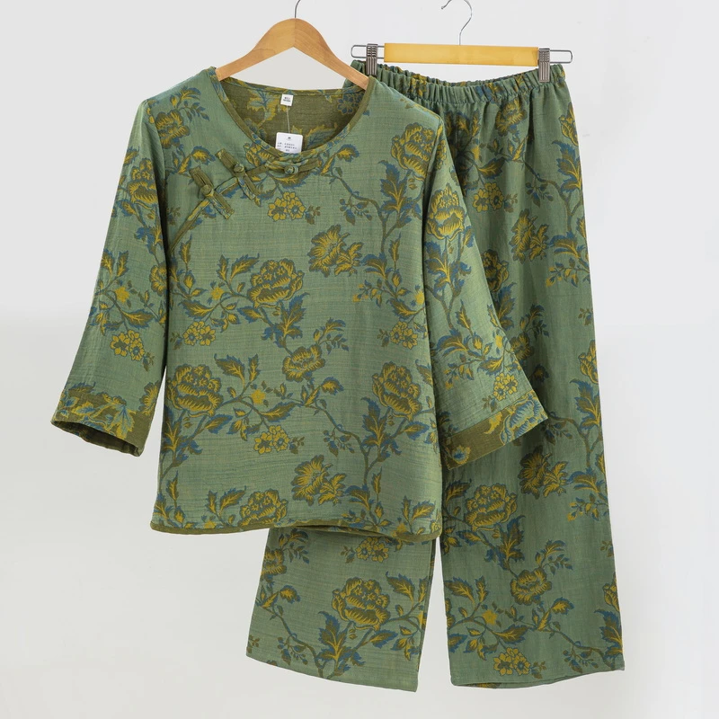 【玫瑰庄园】中国风A类全棉色织提花双层纱家居服睡衣复古纯棉睡衣