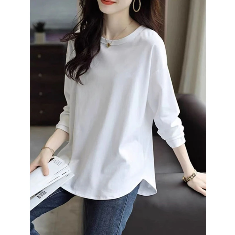 设计感早春新款长袖t恤显瘦纯色中长款宽松大码300斤打底衫