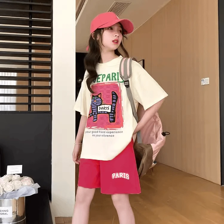 女孩女童夏装2024新款儿童洋气运动中大童短袖短裤夏季两件套减龄