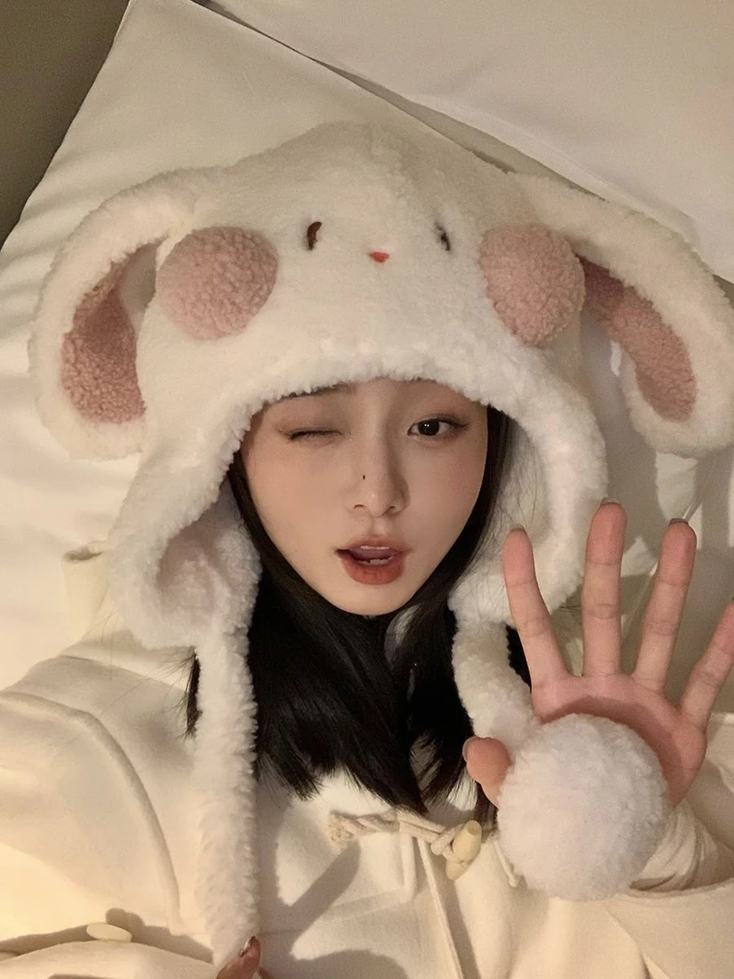 可爱毛绒兔子耳朵帽子女冬季加厚保暖护耳套头雷锋帽防风显脸小