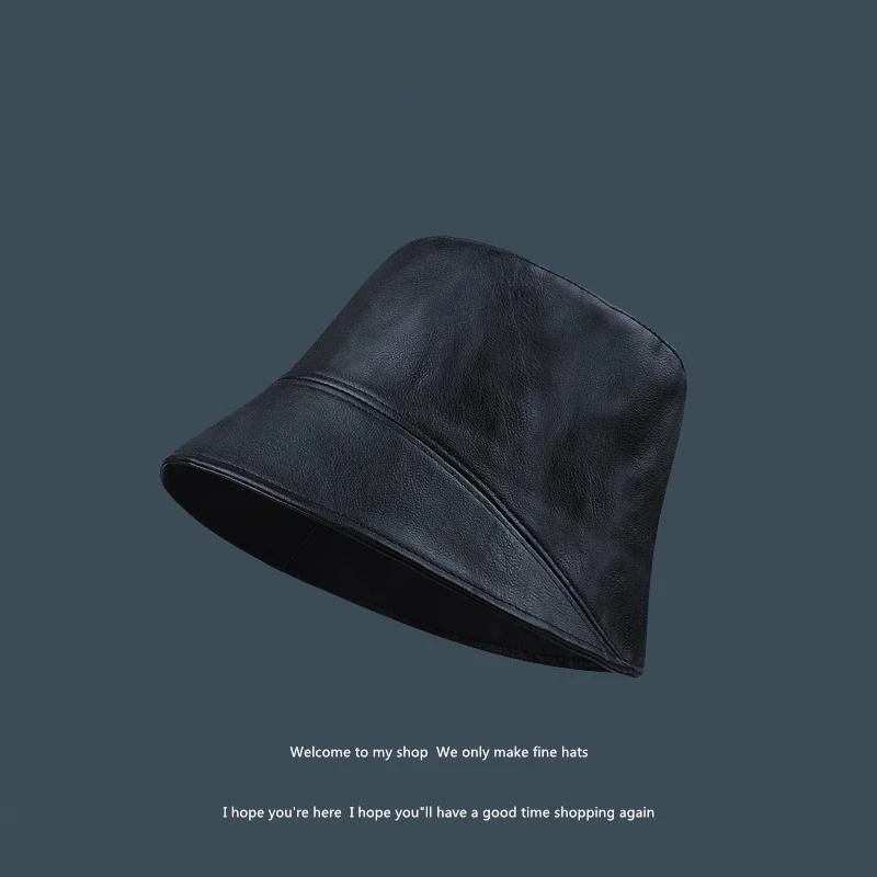 日系小众设计素颜遮脸渔夫帽子女休闲百搭pu皮质显脸小水桶帽盆帽