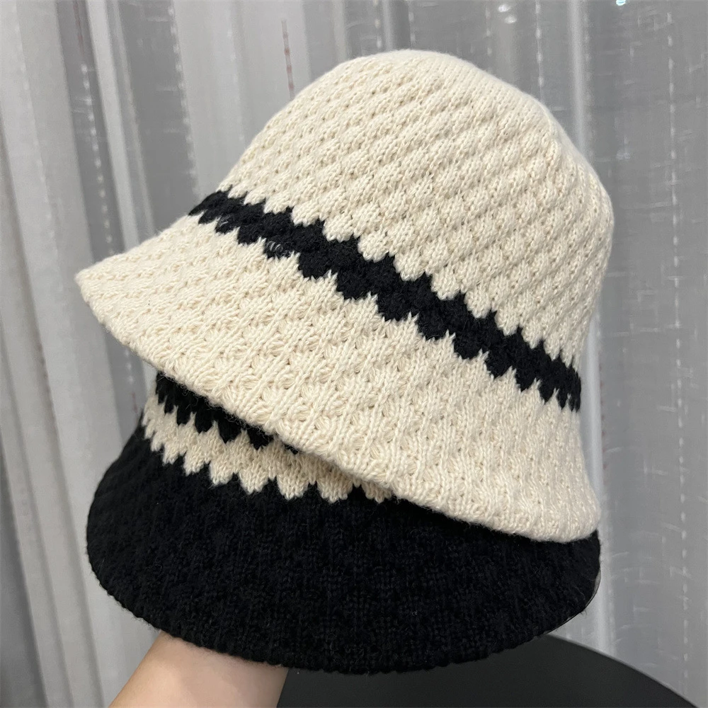 拼色条纹保暖毛线渔夫帽子女秋冬季日系潮牌显脸小盆帽韩版水桶帽