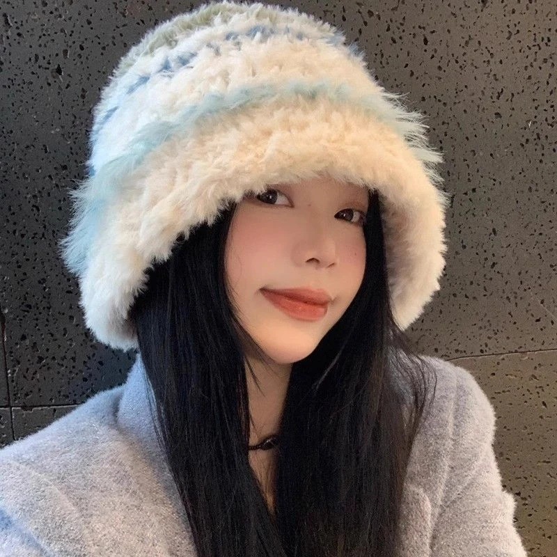 新款韩版条纹针织帽子冬天毛茸茸ins风秋冬款加厚保暖盆帽渔夫帽