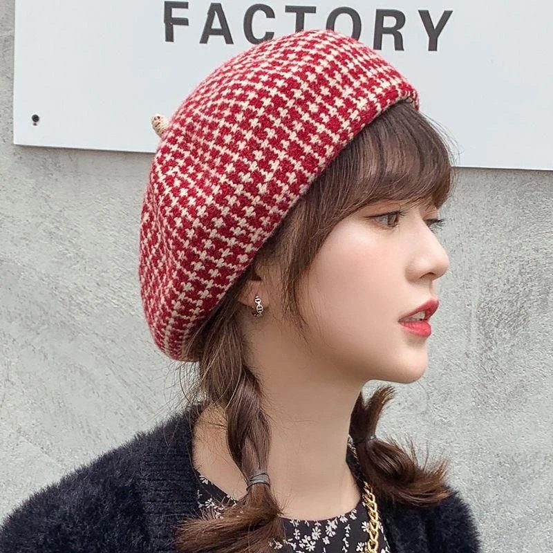 秋冬季格纹贝雷帽女英伦复古格子画家帽韩版日系文艺毛呢蓓蕾帽子