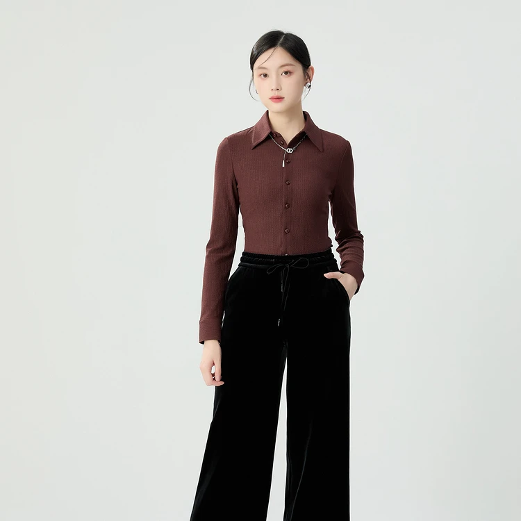 GIRDEAR/哥弟新款水波纹肌理感翻领弹力修身长袖衬衫 1301038