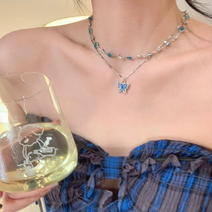 合金项链 【艺凡】蓝色蝴蝶流苏项链女ins甜酷辣妹流苏叠戴锁骨链