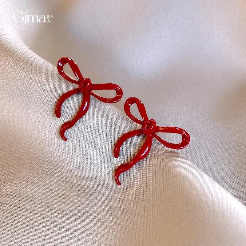 合金耳饰 【艺凡】安可拉红色烤漆蝴蝶结耳钉气质个性耳环港风复古