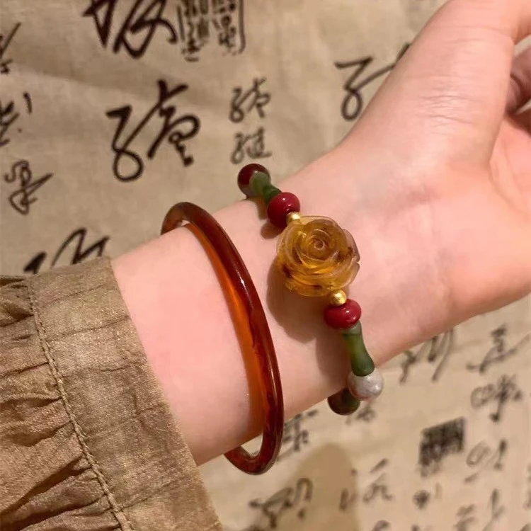 非金属皮质手链 新中式古风手镯竹节玫瑰手链女复古设计汉服配饰