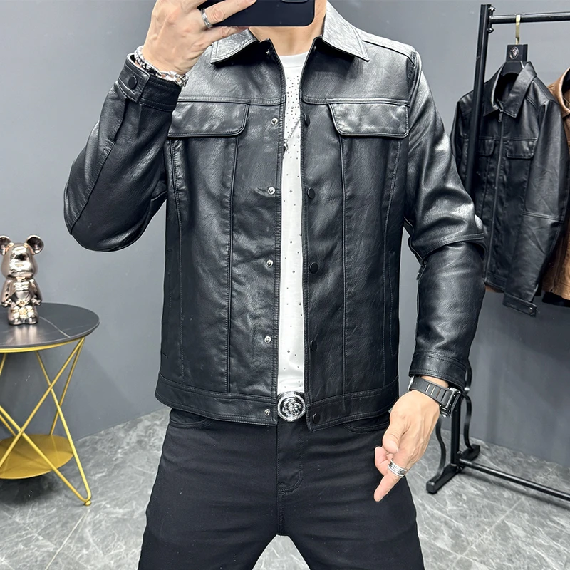 春季男士皮衣休闲翻领皮夹克休闲修身百搭男士外套上衣