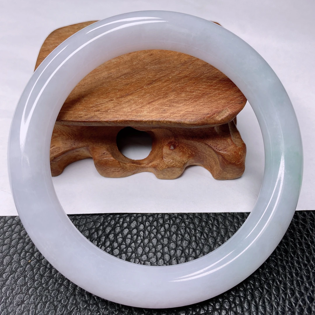 缅甸天然A货翡翠手镯59-60白月光圆条精美女款冰透白色