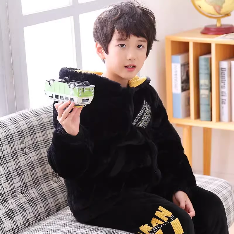 三昌男童睡衣秋冬珊瑚绒三层夹棉加厚加绒连帽法兰绒保暖家居服冬