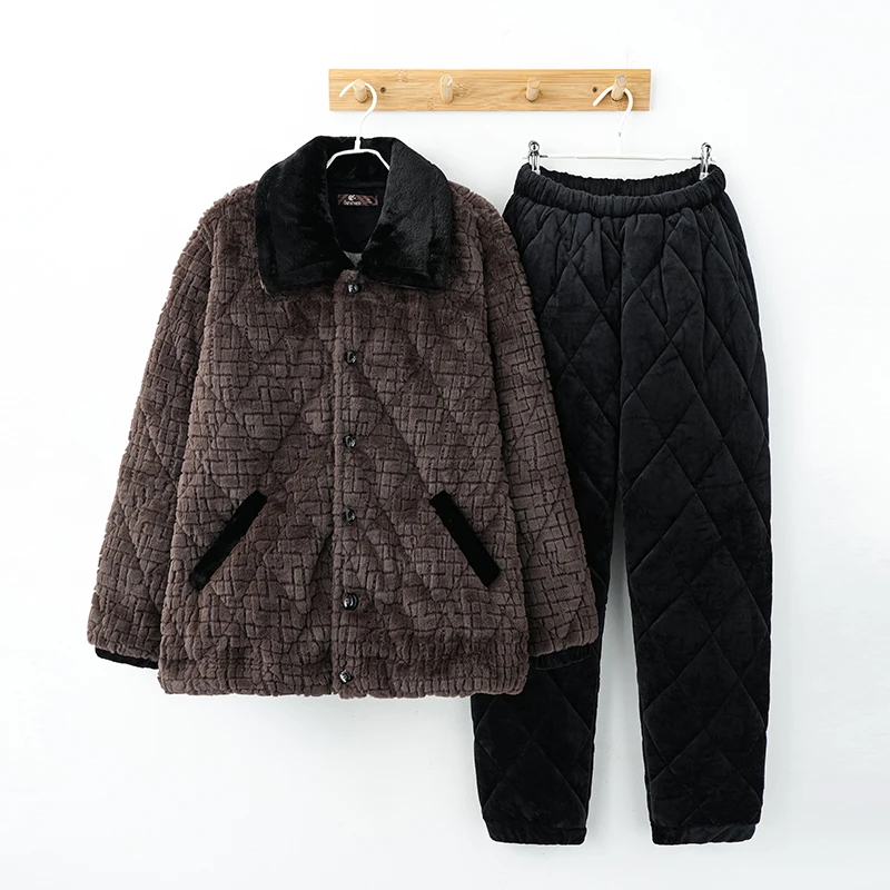 三昌2024新款冬季男士家居服三层夹棉加绒加厚保暖简约风睡衣套装