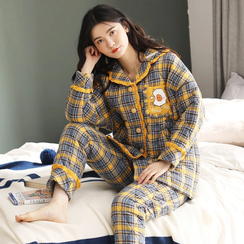 三昌睡衣女冬加厚梭织夹棉珊瑚绒女士全棉款休闲家居服秋冬保暖套