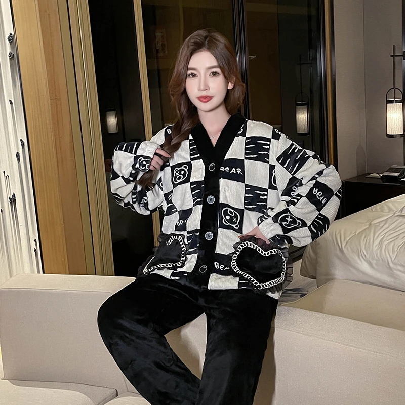 三昌睡衣女冬季珊瑚绒加厚加绒保暖女士秋冬款法兰绒家居服两件套