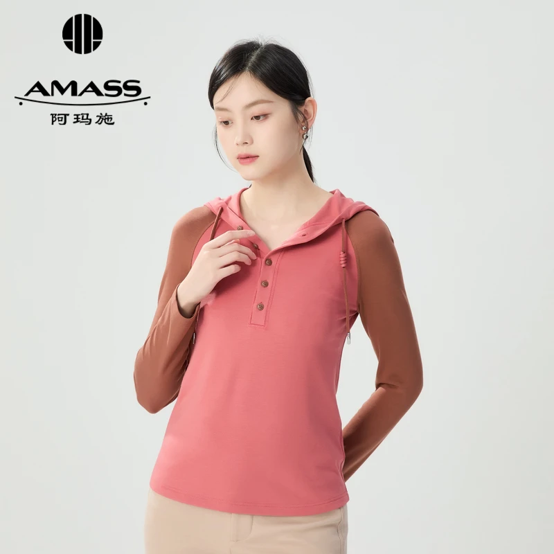 AMASS/阿玛施秋冬新款时尚修身撞色插肩袖帽衫长袖上衣5301049